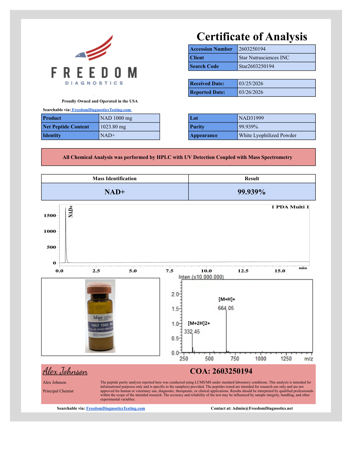 CoA – NAD+ HPLC/LC-MS Purity 99.939% | Freedom Diagnostics Testing | Star Nutrasciences