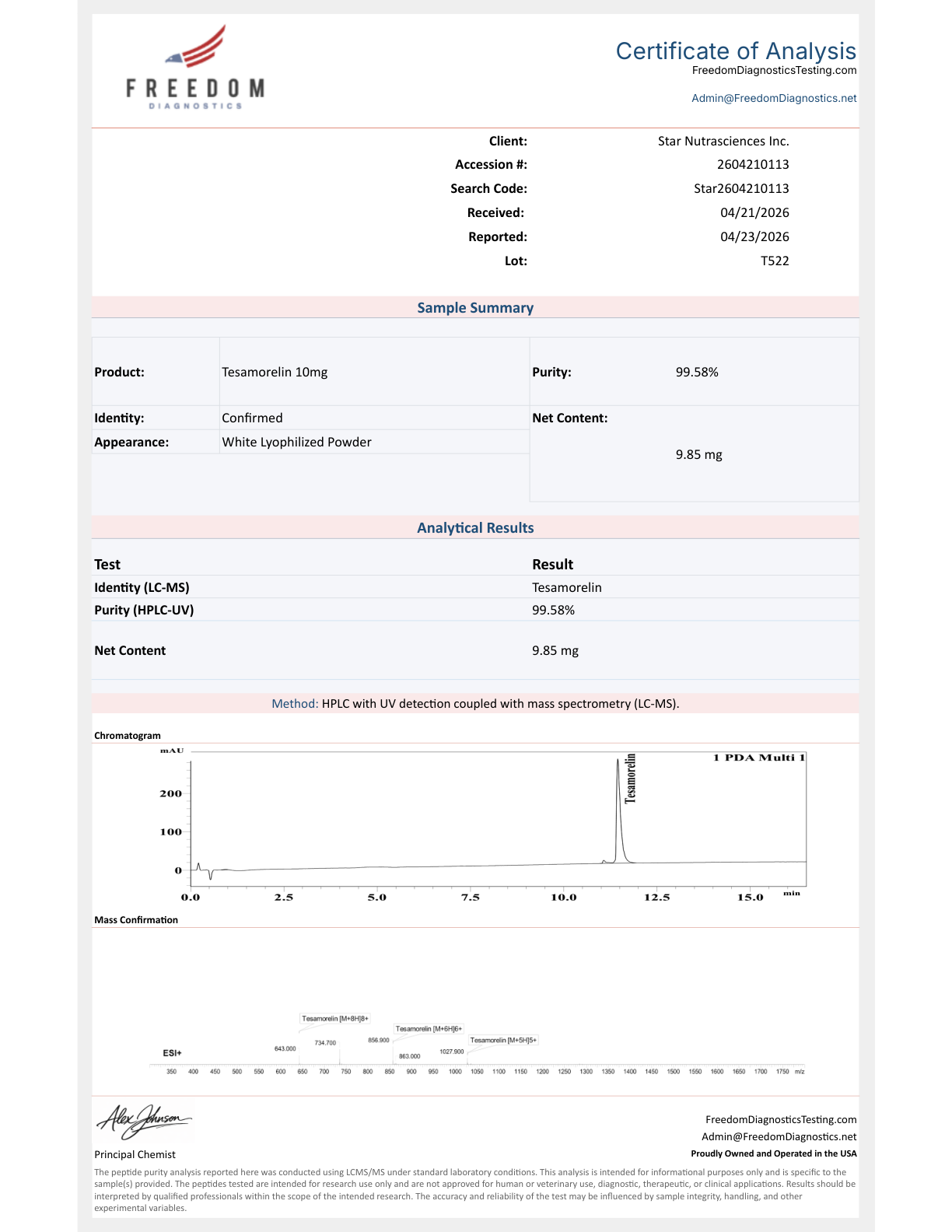 CoA – Tesamorelin HPLC/LC-MS Purity 99.58% | Freedom Diagnostics Testing | Star Nutrasciences