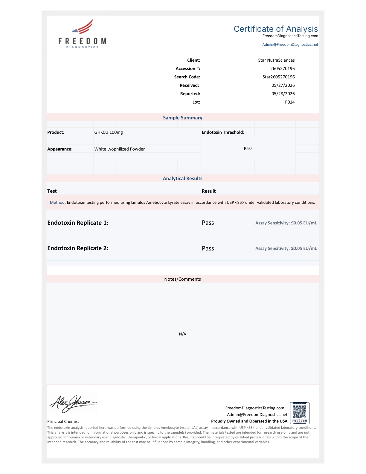 Endotoxin CoA – Sermorelin | Passed USP <85> LAL Assay | Freedom Diagnostics Testing
