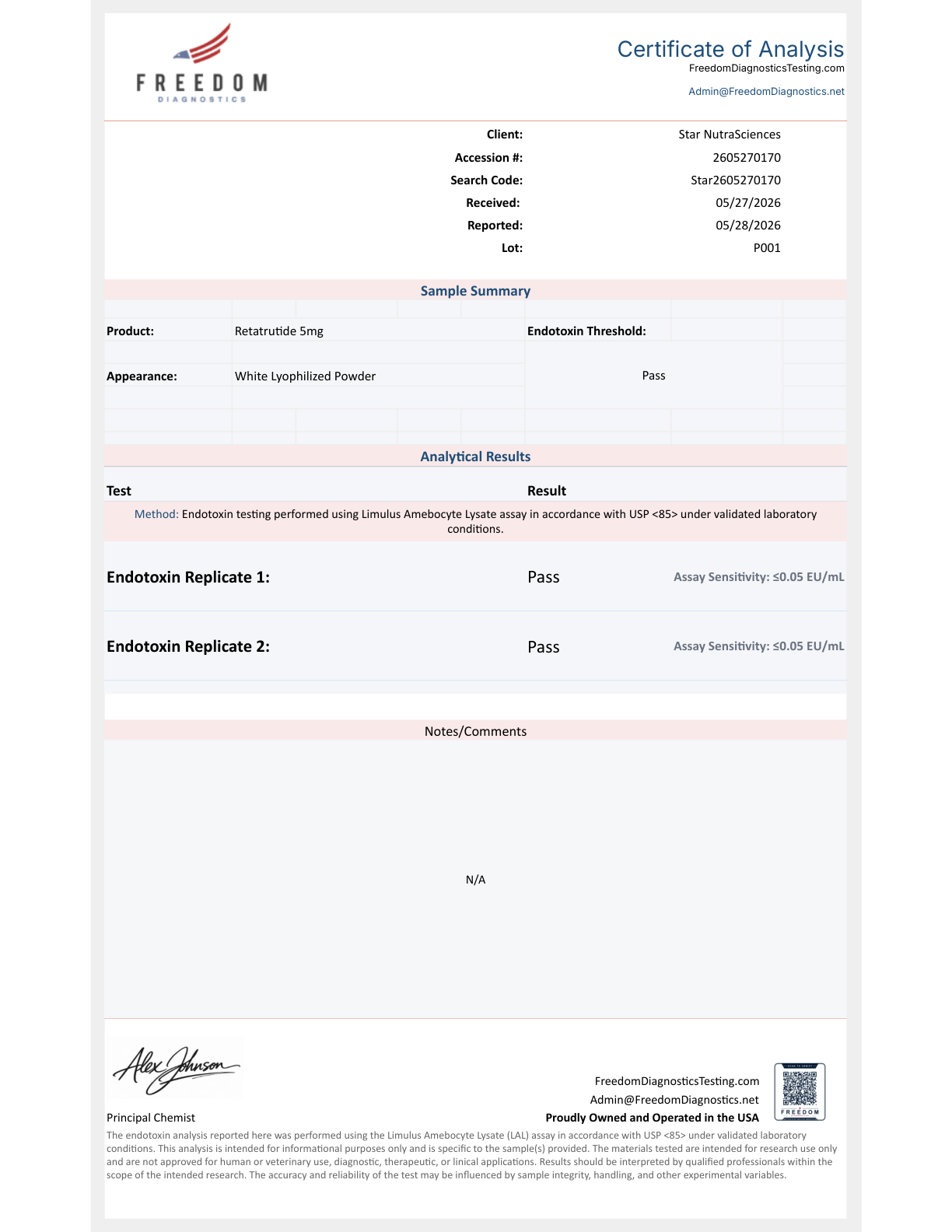Endotoxin CoA – Retatrutide | Passed USP <85> LAL Assay | Freedom Diagnostics Testing
