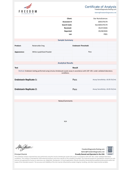 Endotoxin CoA – Retatrutide | Passed USP <85> LAL Assay | Freedom Diagnostics Testing