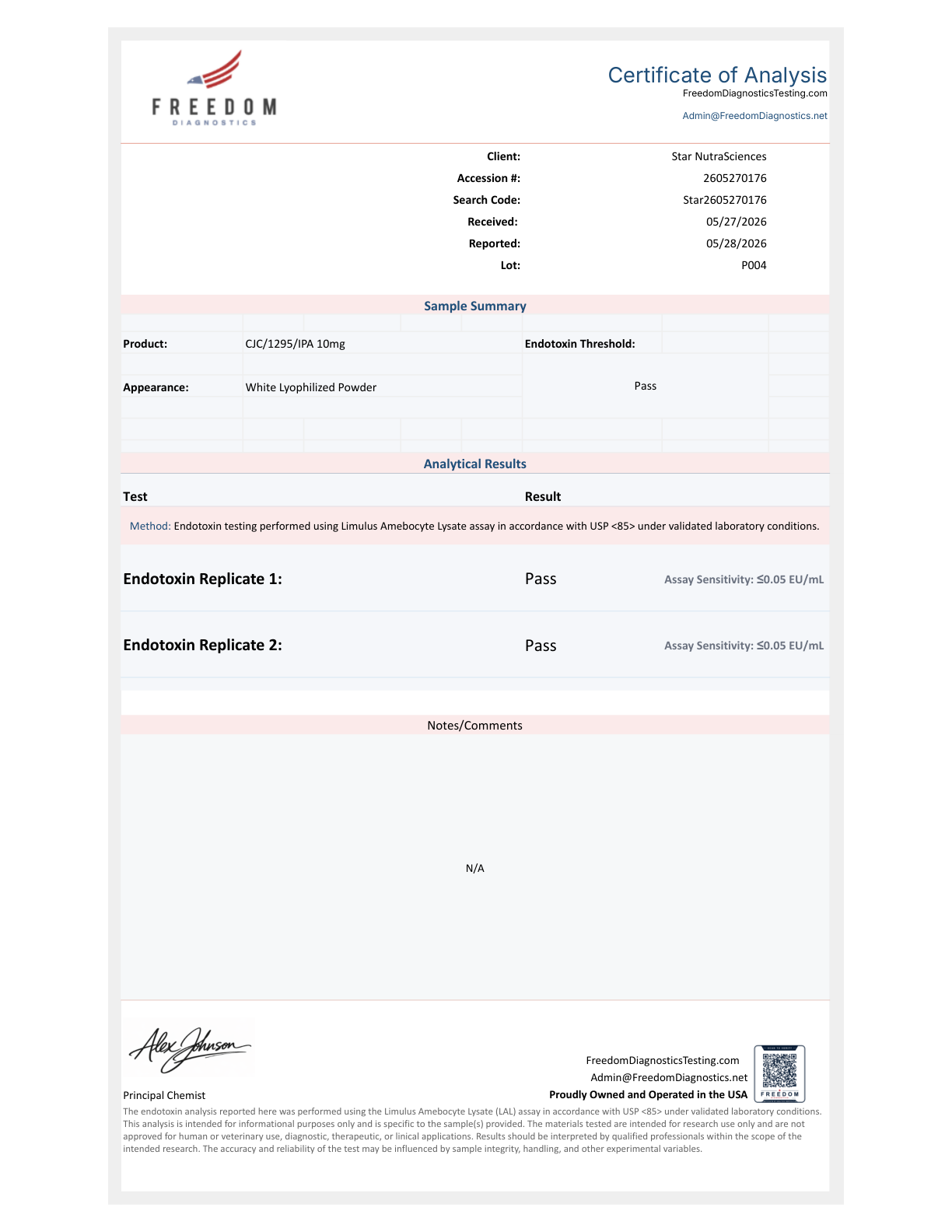 Endotoxin CoA – Ipamorelin + CJC-1295 | Passed USP <85> LAL Assay | Freedom Diagnostics Testing