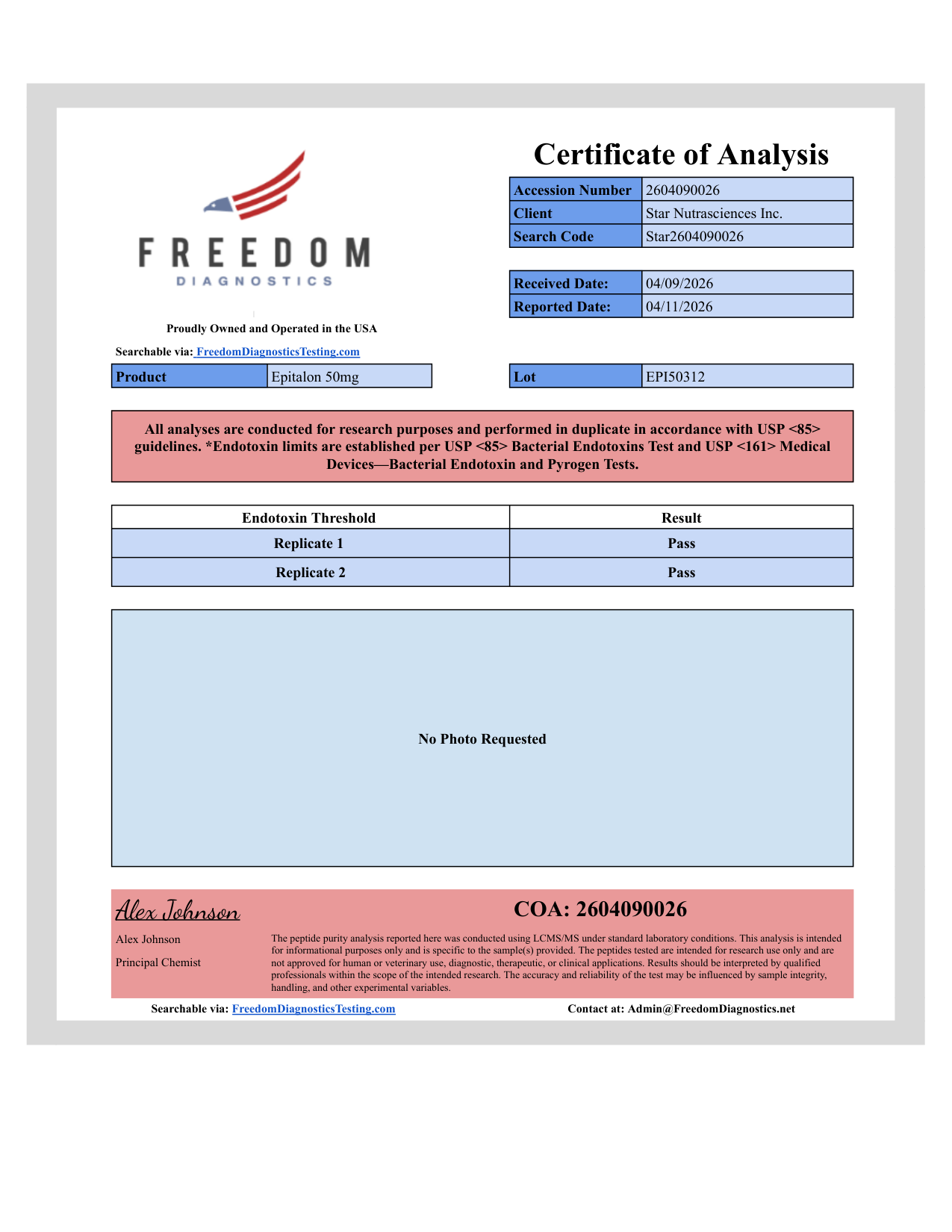 Certificate of Analysis - Epitalon