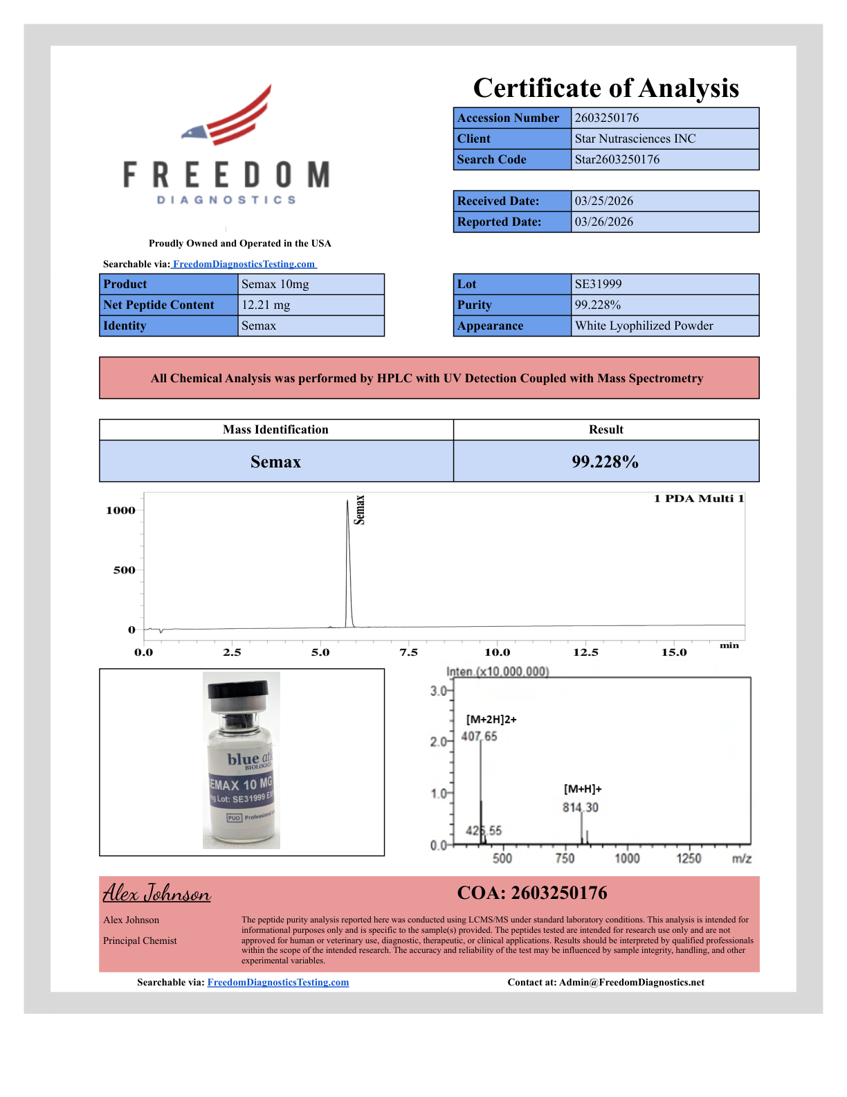 CoA – Semax HPLC/LC-MS Purity 99.228% | Freedom Diagnostics Testing | Star Nutrasciences